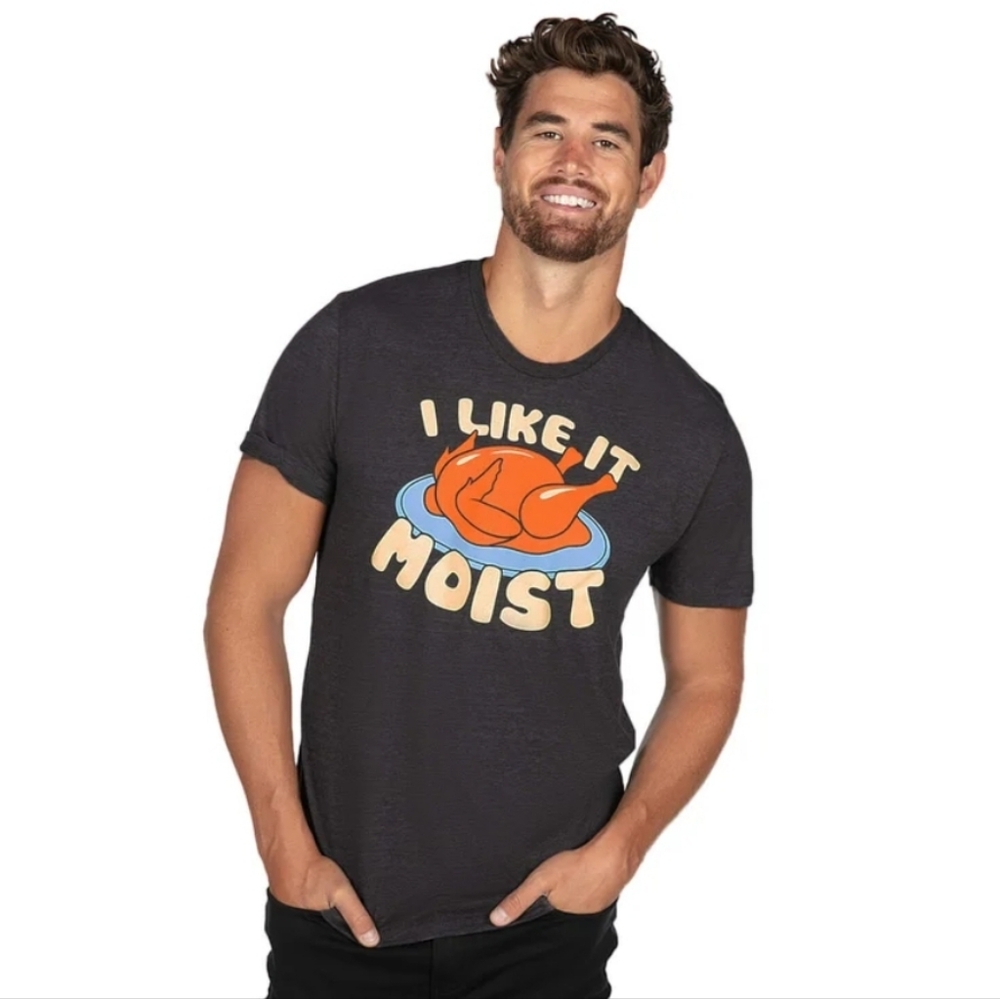 Tipsy Elves Charcoal Gray Tee with "I Like It Moist" Turkey Graphic